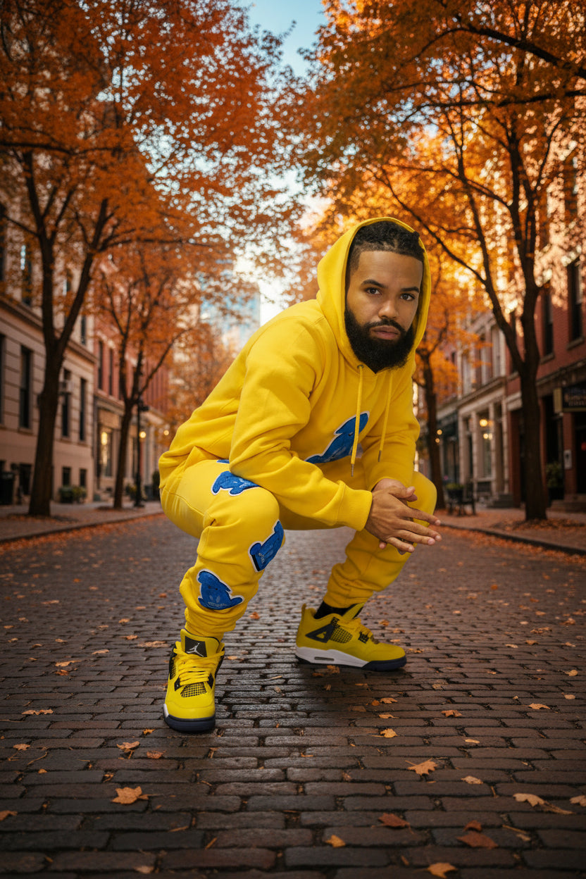 Clearance: Mustard Hoodie with Blue Chenille Elephant