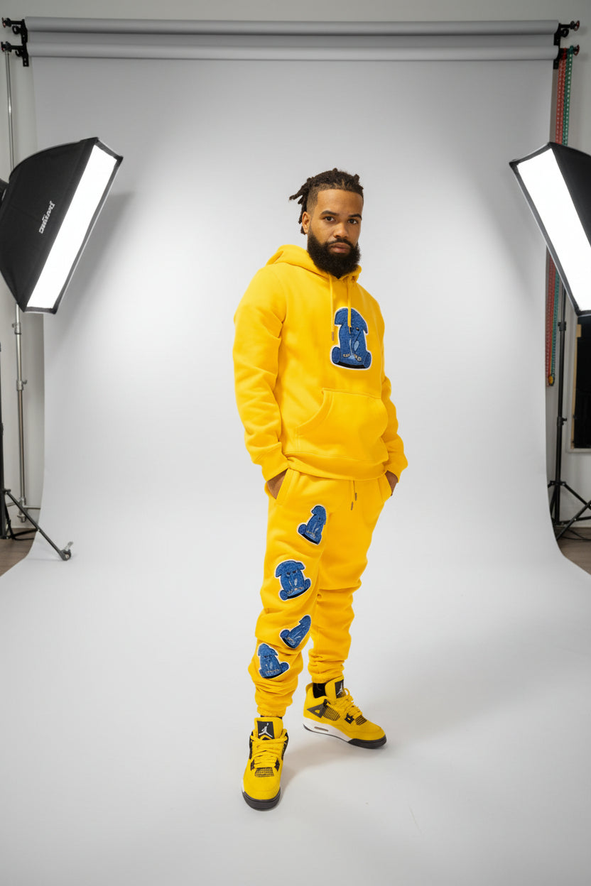 Clearance: Mustard/Blue chenille elephant sweatpants