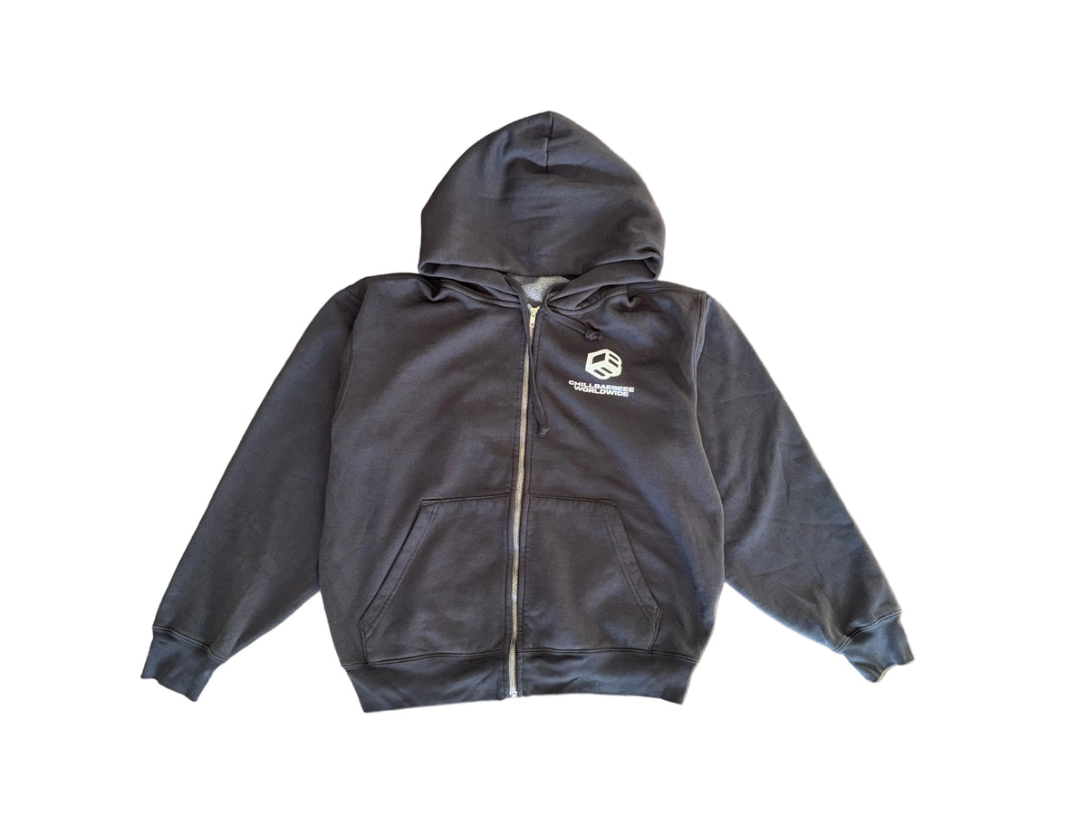 CHILLBAEBEEE WORLDWIDE Classic Logo Zipper Hoodie in Bristol Black, front view with CBB Cube logo