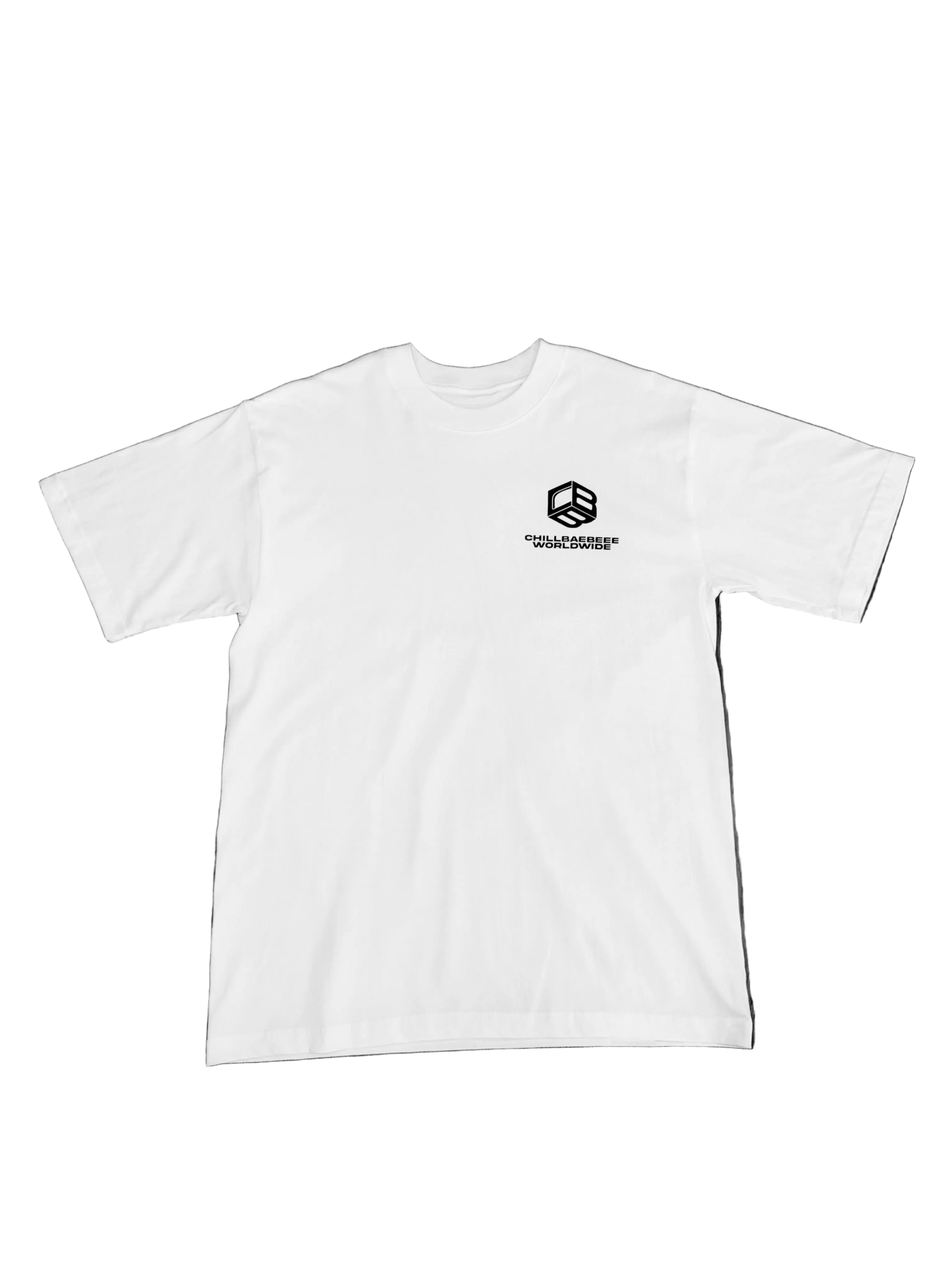 CHILLBAEBEEE WORLDWIDE Classic Logo White Tee, front view with CBB Cube logo on chest
