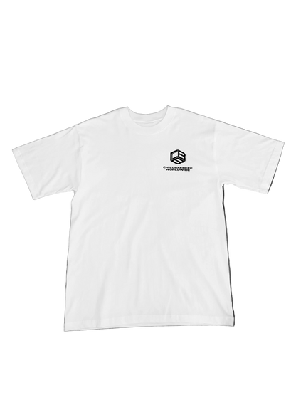 CHILLBAEBEEE WORLDWIDE Classic Logo White Tee, front view with CBB Cube logo on chest