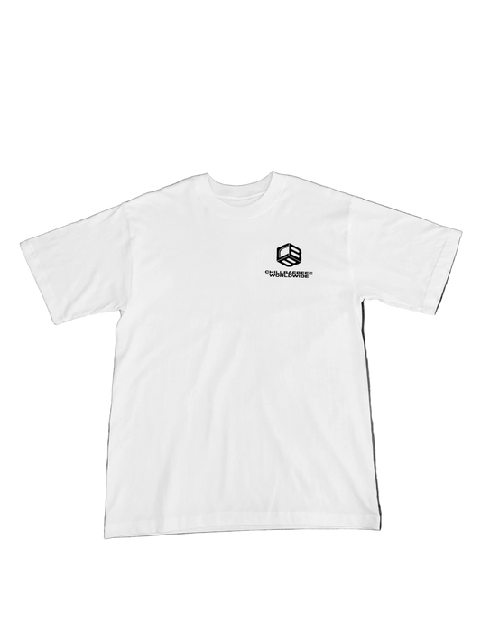CHILLBAEBEEE WORLDWIDE Classic Logo White Tee, front view with CBB Cube logo on chest