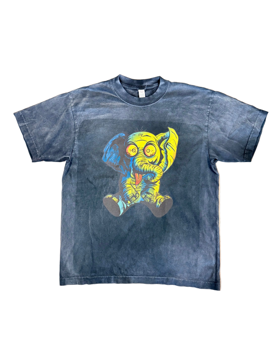CHILLBAEBEEE WORLDWIDE Crazy Elephant Tee, limited edition distressed Smoke Black tee with animated elephant graphic