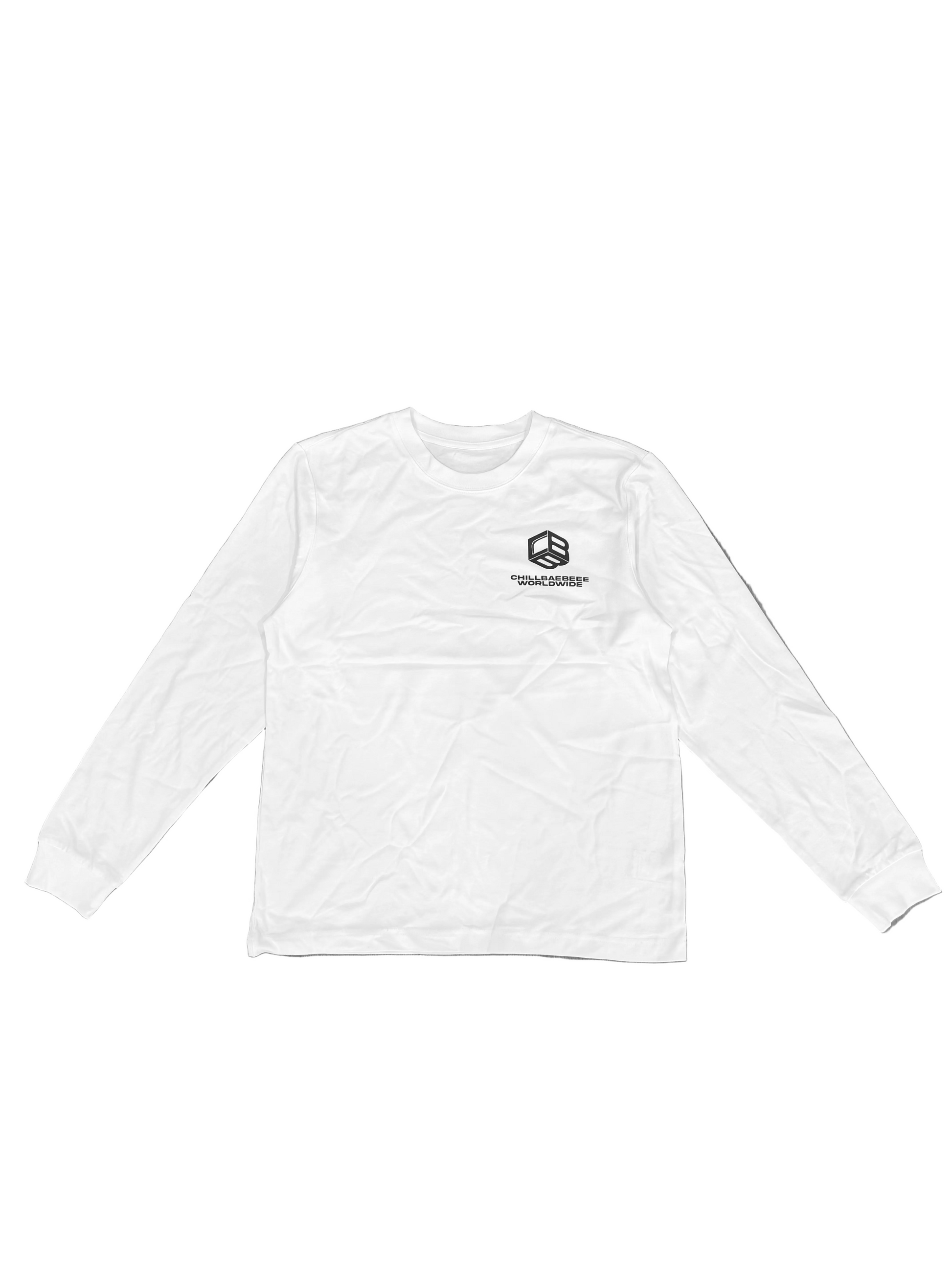 CHILLBAEBEEE WORLDWIDE Classic Logo White Long Sleeve, front view with CBB Cube logo on chest