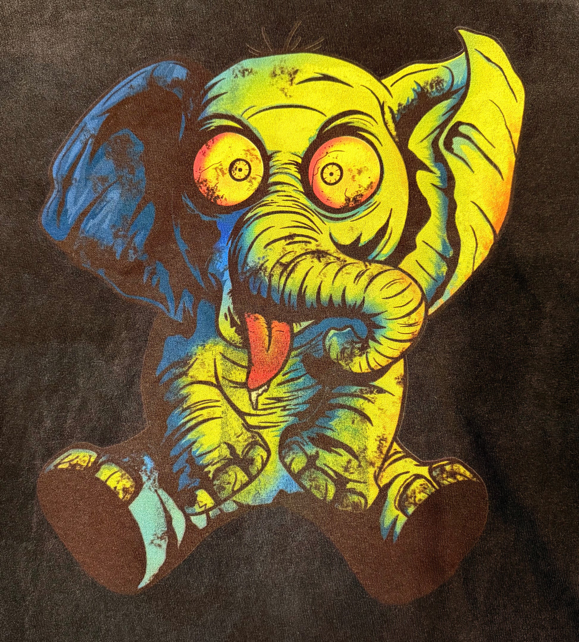 Close-up of the Crazy Elephant graphic print, CHILLBAEBEEE WORLDWIDE limited edition tee
