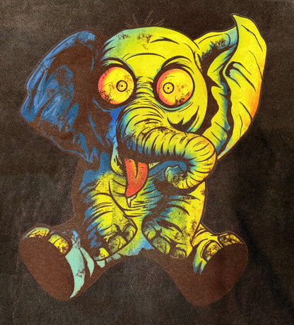 Close-up of the Crazy Elephant graphic print, CHILLBAEBEEE WORLDWIDE limited edition tee