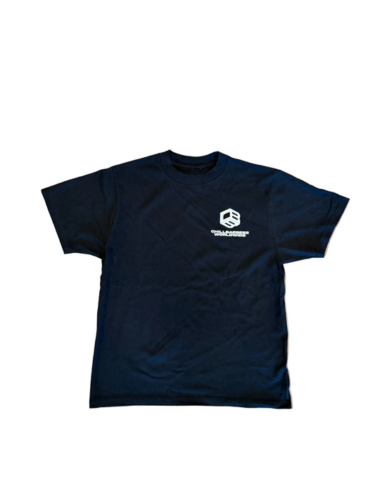 CHILLBAEBEEE WORLDWIDE Classic Logo Black Tee, front view with CBB Cube logo on chest